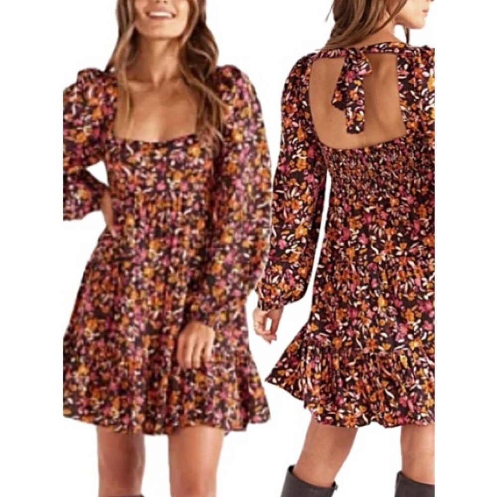 MINKPINK Sorrento Floral Babydoll Dress Size Large Tiered Ruffle Tie Neck Mini